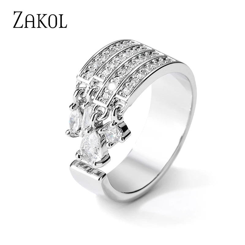 ZAKOL Brand Korea Multilayer Zircon Engagement Open Rings for Women Fashion Water Drop Party Jewelry