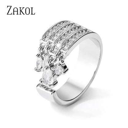 ZAKOL Brand Korea Multilayer Zircon Engagement Open Rings for Women Fashion Water Drop Party Jewelry