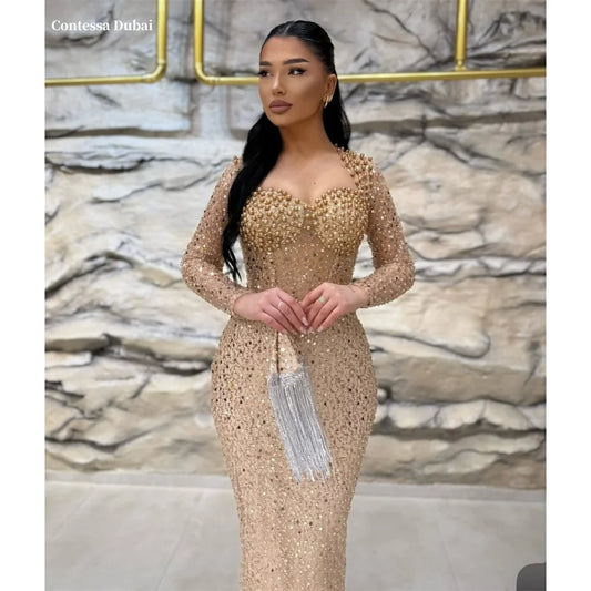 Contessa Dubai Heart Shaped Neckline Beading Long Sleeve Prom Dresses Mermaid Customized فساتين سهرات Exquisite robes de soirée