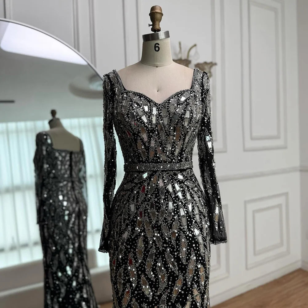 Luxury Black Silver Long Sleeve Evening Dress with Sequins Elegant Mermaid Gown for Women 2025 Serene Hill Customized LA73113