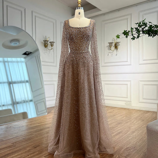 Rose Gold Beaded Saudi Evening Dress with Cape Sleeves A-Line Gown Serene Hill 2025 LA72147C Customized Plus Size