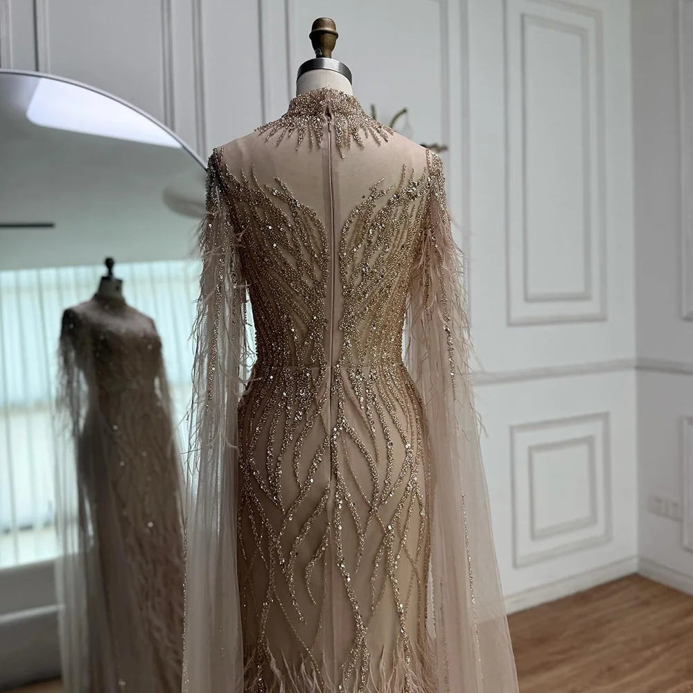 Nude Feather Evening Dress for Women High Neck Cape Sleeve Luxury Beaded Formal Gown Serene Hill 2025 Customized LA71885C
