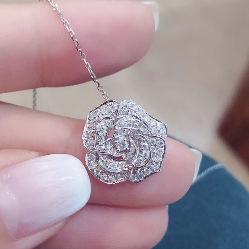 Huitan Aesthetic Crystal Flower Pendant Necklace for Women Luxury Paved Dazzling Cubic Zirconia Wedding Party Statement Jewelry