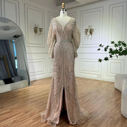 Serene Hill Arabic Gold Elegant Mermaid Black  Beaded Evening Dresses Gowns Diamond For Party 2025 LA72288A Customized