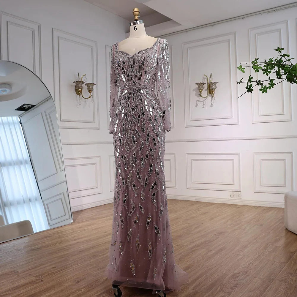 Luxury Black Silver Long Sleeve Evening Dress with Sequins Elegant Mermaid Gown for Women 2025 Serene Hill Customized LA73113