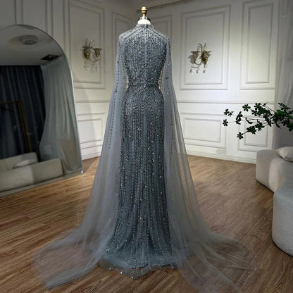 Muslim Nude Mermaid Cape Sleeves Pearls Beaded Luxury Dubai Evening Dresses Gowns 2025 Wedding Party LA72372 Customized