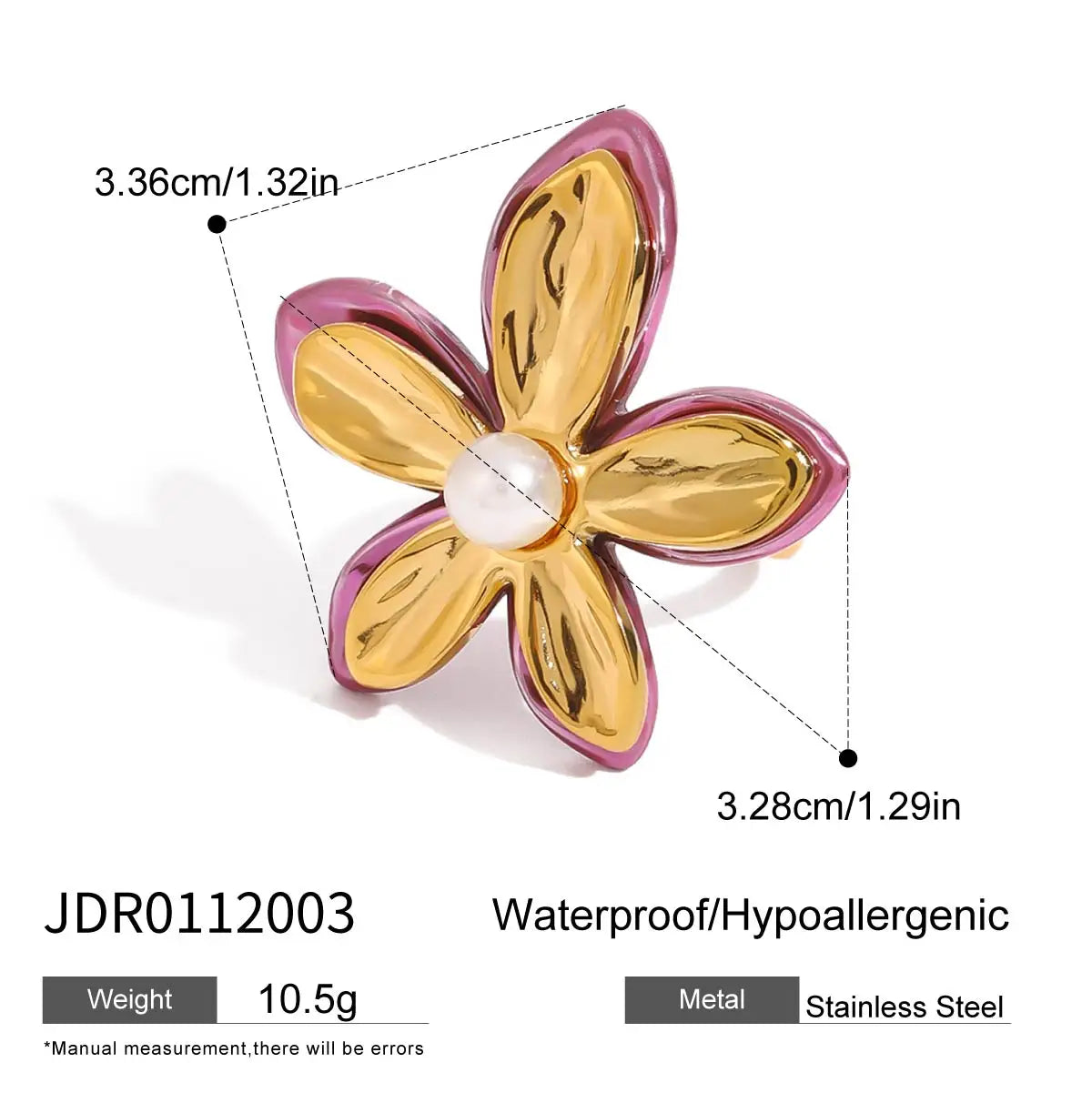 Uworld 18K Gold Color Plated Stainless Steel Flower Pearl Ring Irregular Opposite Sex Pearls Stackable Ring Women's Jewelry Part