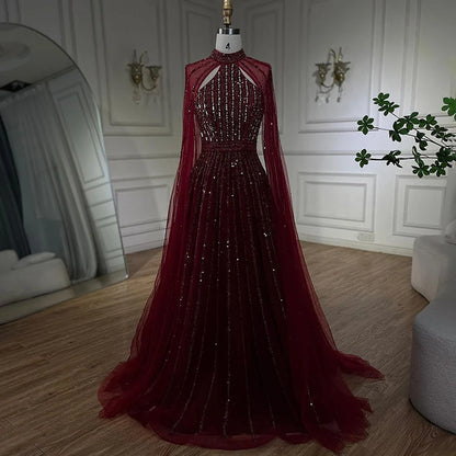 Serene Hill Arabic Turquoise A Line Cape Sleeve Beaded   Evening Dresses Gowns For Occasion 2025 LA72306A Customized