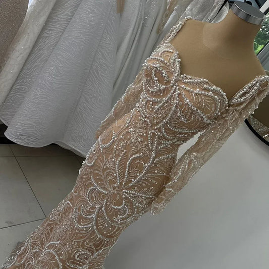 Serene Hill 2025 Nude Mermaid Pearls Beaded Arabic Evening Dresses For Occasion Dress LA72648 Customized