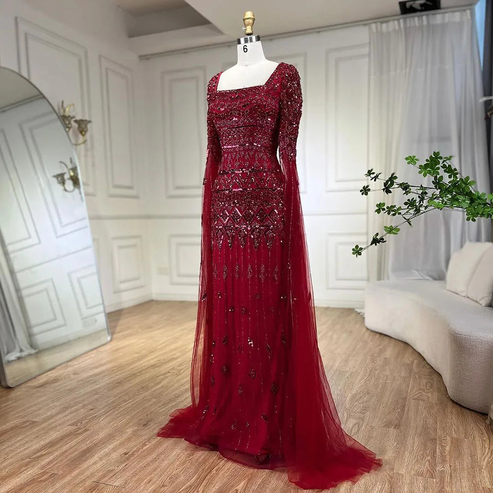 2025 Caramel With Beaded Cape Sleeves Design Mermaid Long Evening Dresses Gowns For Women's Wedding Party LA72355A Customized
