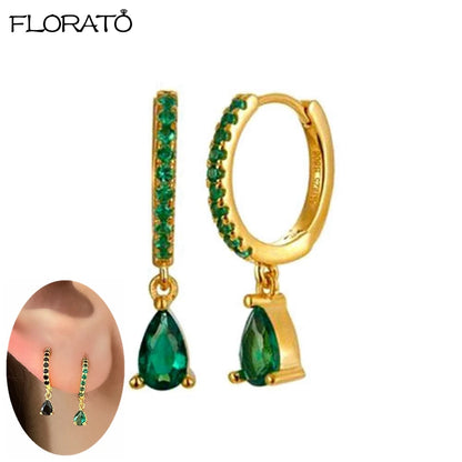 925 Sterling Silver Needle Luxury Green Zircon Pendant Earrings Trend Gold Color Small Hoop Earrings for Women Fashion Jewelry