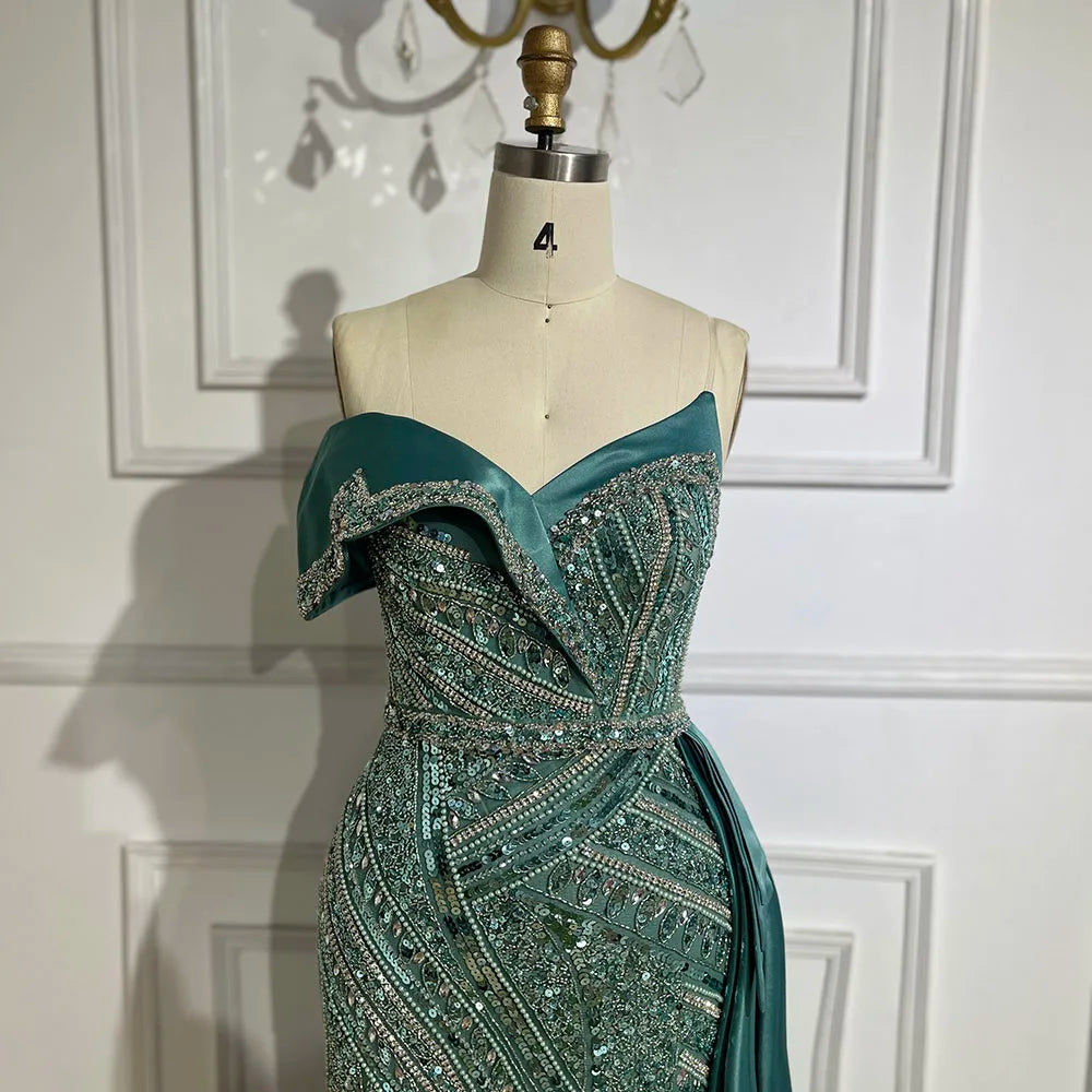 2025 Arabic Turquoise Beaded Evening Dresses  Dubai Elegant One Shoulder  Wedding Party Gowns LA72335  Customized