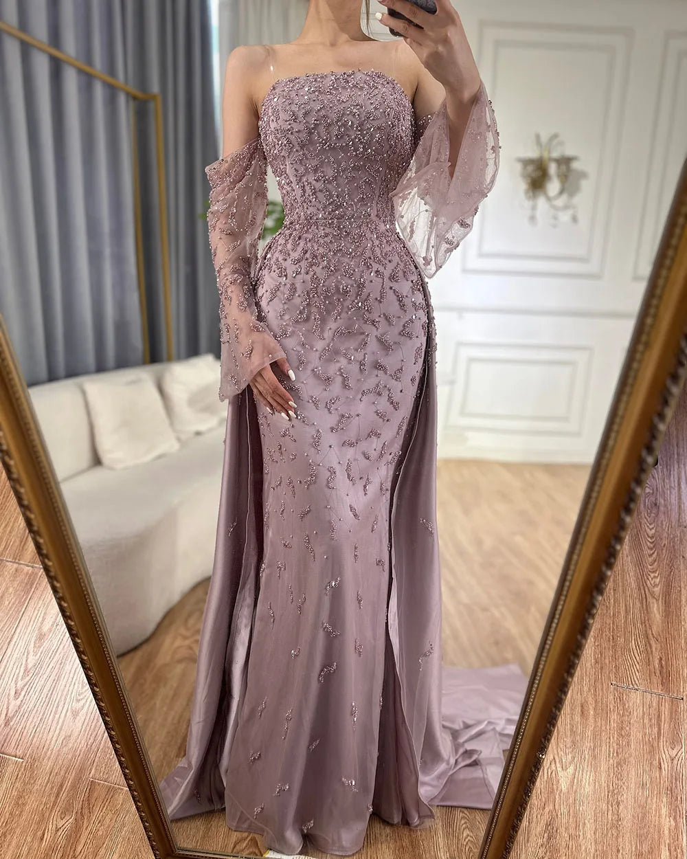 Serene Hill Customized 2025 Arabic Strapless Gray Blue Beaded Pearls Dubai Evening Dresses For Formal Occasion LA72705