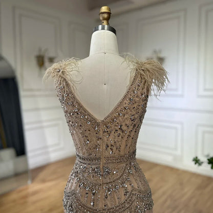 Serene Hill 2025 Arabic Blue Split Mermaid Beaded Feathers Long Evening Dresses Gowns For Occasion LA72742 Customized