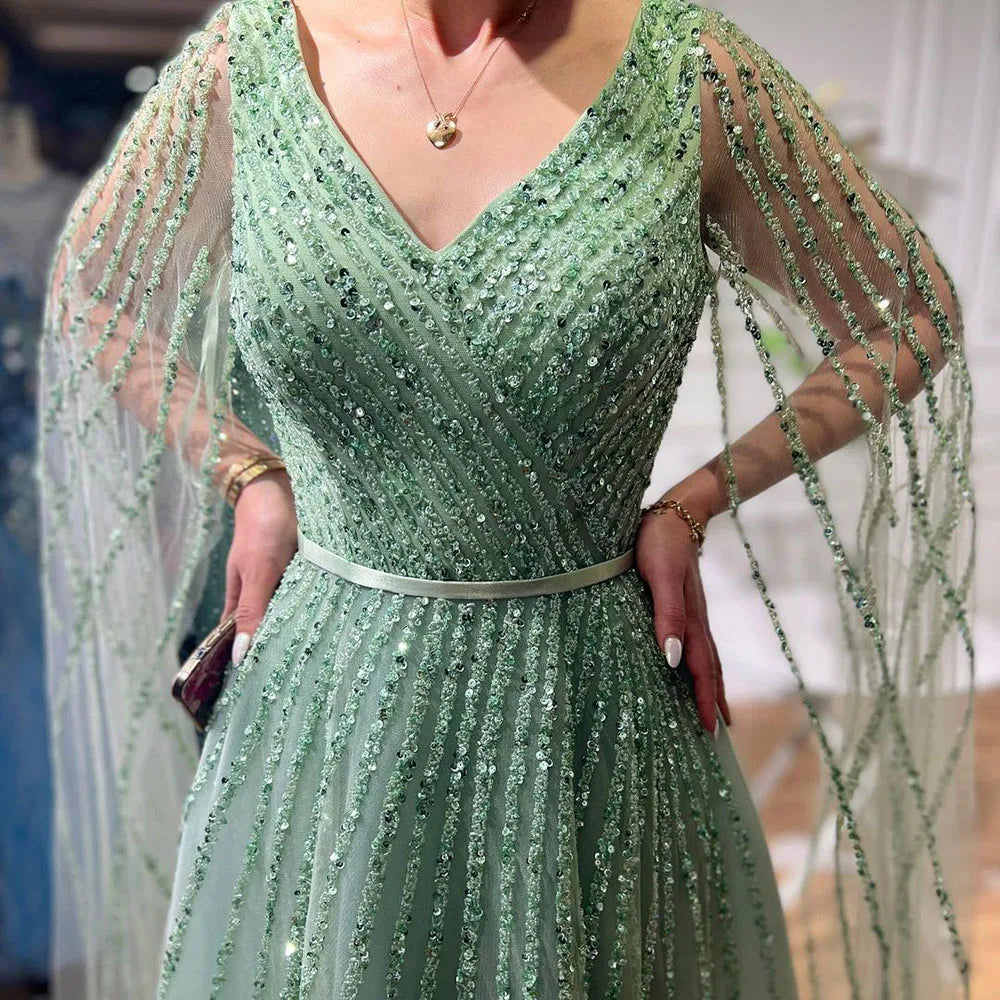 Serene Hill Mint Cape Sleeves A Line Beaded  Dubai Evening Dresses Long 2025 Celebrity Gowns For  Party LA71865 Customized
