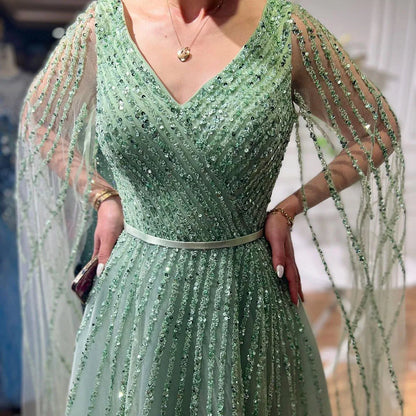 Serene Hill Mint Cape Sleeves A Line Beaded  Dubai Evening Dresses Long 2025 Celebrity Gowns For  Party LA71865 Customized