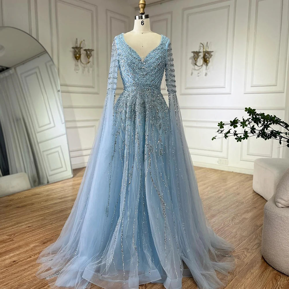 Customized 2025 Arabic Caramel Elegant A-Line Beaded Long Evening Dresses Gowns With Cape Sleeves For Formal Occasio LA72750