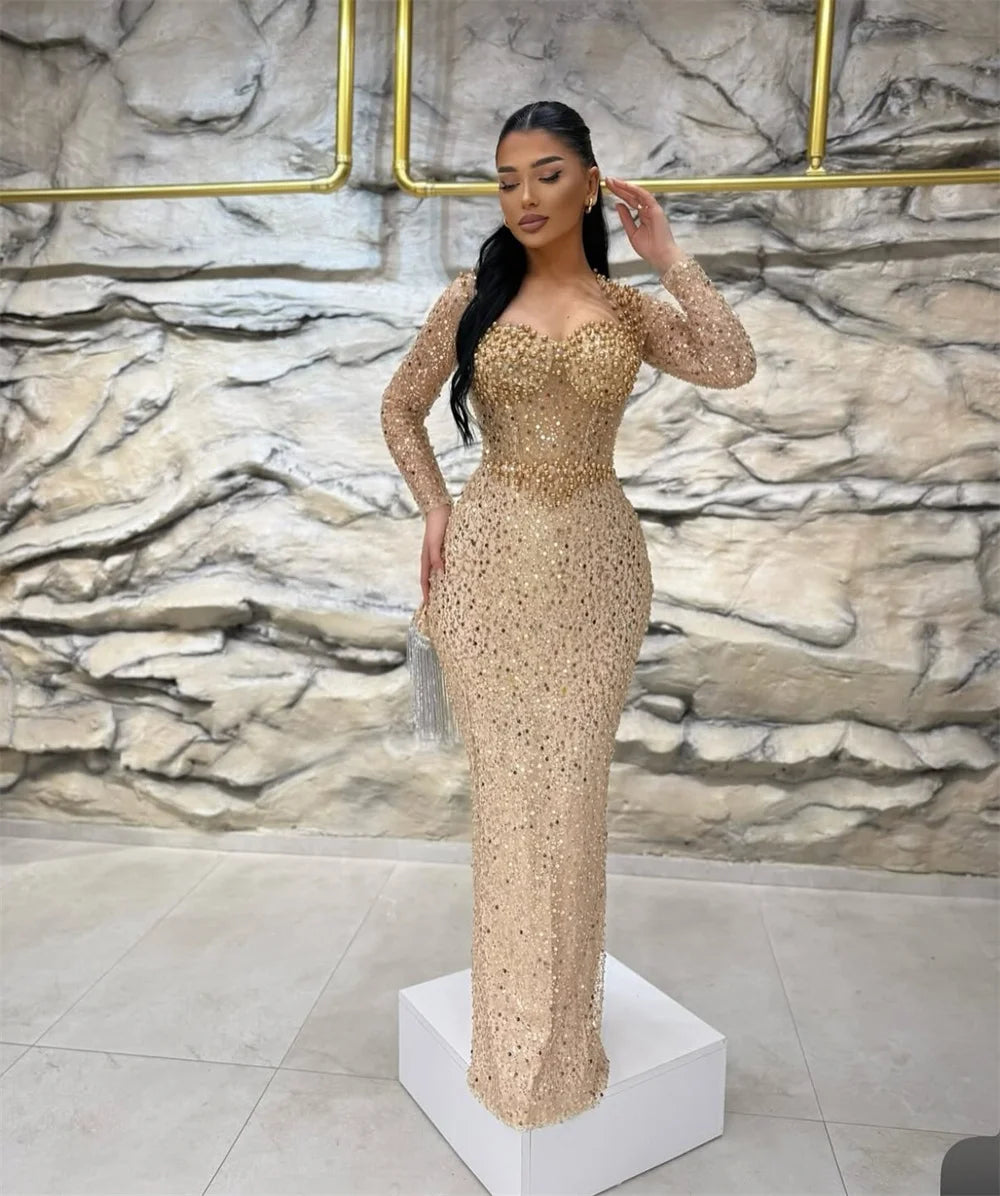 Contessa Dubai Heart Shaped Neckline Beading Long Sleeve Prom Dresses Mermaid Customized فساتين سهرات Exquisite robes de soirée