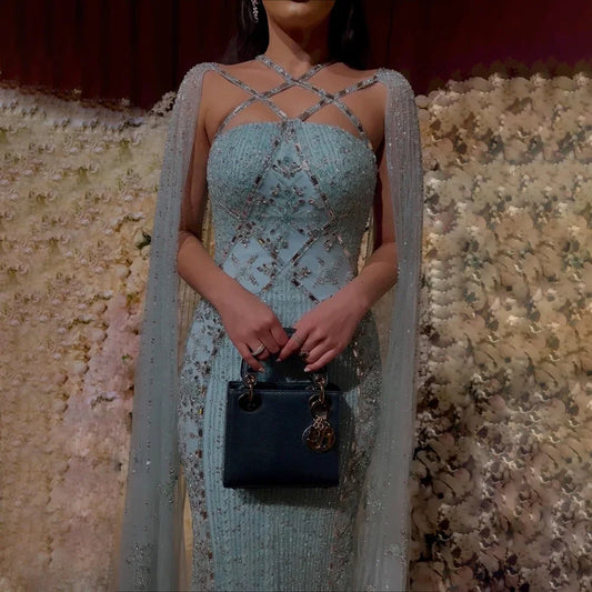 Luxury Mermaid Cape Sleeves Evening Dress Elegant Blue Beaded Crystal Tulle Prom Gowns Floor Length Party vestido For Women