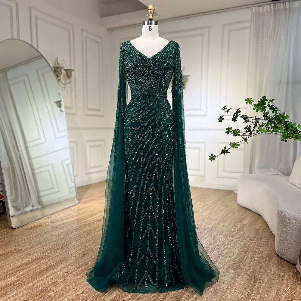 Serene Hill Arabic Mermaid Blue Beaded  Cape   Evening Dress Gown  2025 LA71493A Customized
