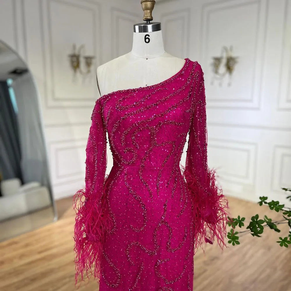 Serene Hill Blue Mermaid Elegant One-Shoulder Beaded Feathers  Evening Dress Gown for 's Wedding Party 2025 LA72395 Customized