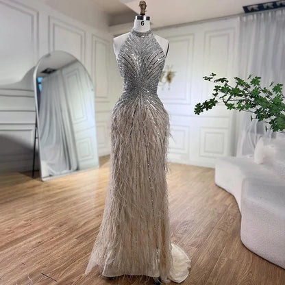 Serene Hill Dubai Halter Beige  Feathers Beaded Formal Luxury Mermaid Evening Dresses For Women Wedding Party 2025 LA70623A