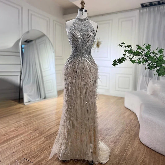 Serene Hill Dubai Halter Beige  Feathers Beaded Formal Luxury Mermaid Evening Dresses For Women Wedding Party 2025 LA70623A