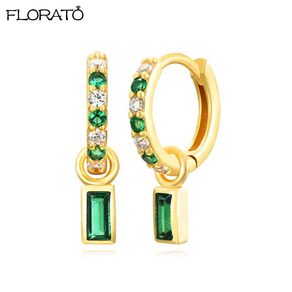 925 Sterling Silver Needle Luxury Green Zircon Pendant Earrings Trend Gold Color Small Hoop Earrings for Women Fashion Jewelry