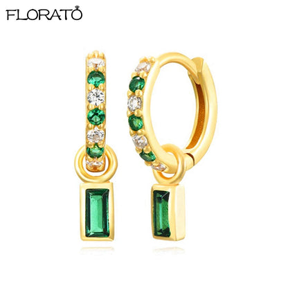 925 Sterling Silver Needle Luxury Green Zircon Pendant Earrings Trend Gold Color Small Hoop Earrings for Women Fashion Jewelry