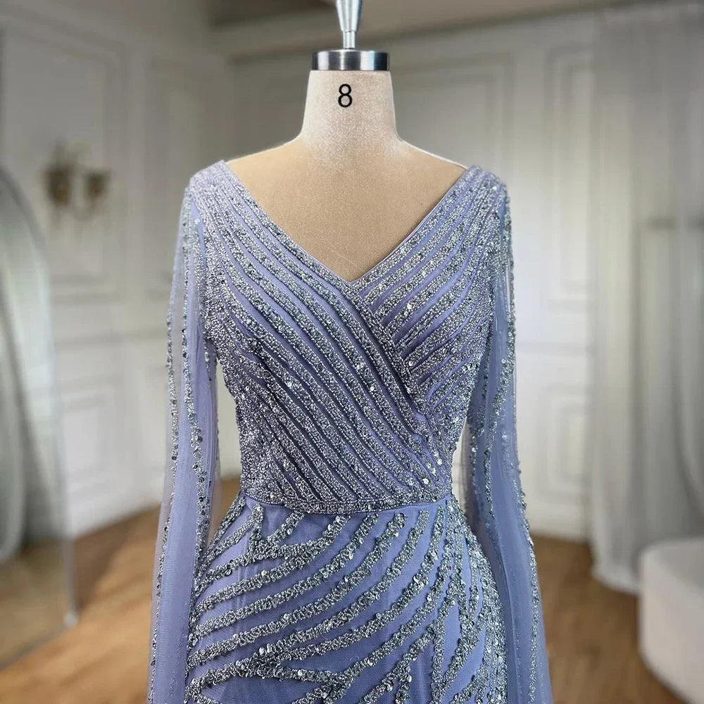 Serene Hill Arabic Mermaid Blue Beaded  Cape   Evening Dress Gown  2025 LA71493A Customized