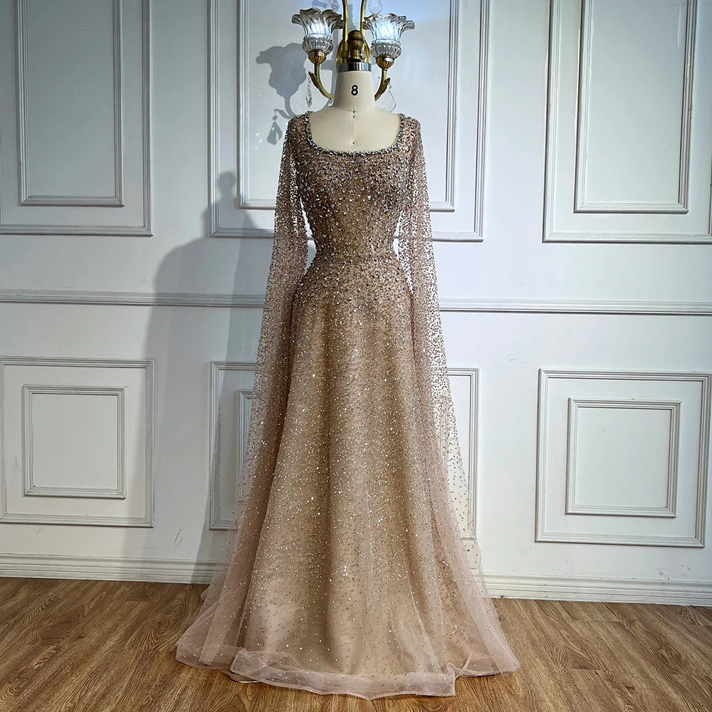 Rose Gold Beaded Saudi Evening Dress with Cape Sleeves A-Line Gown Serene Hill 2025 LA72147C Customized Plus Size