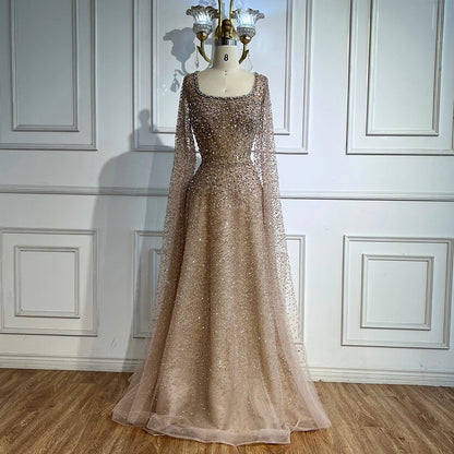 Rose Gold Beaded Saudi Evening Dress with Cape Sleeves A-Line Gown Serene Hill 2025 LA72147C Customized Plus Size