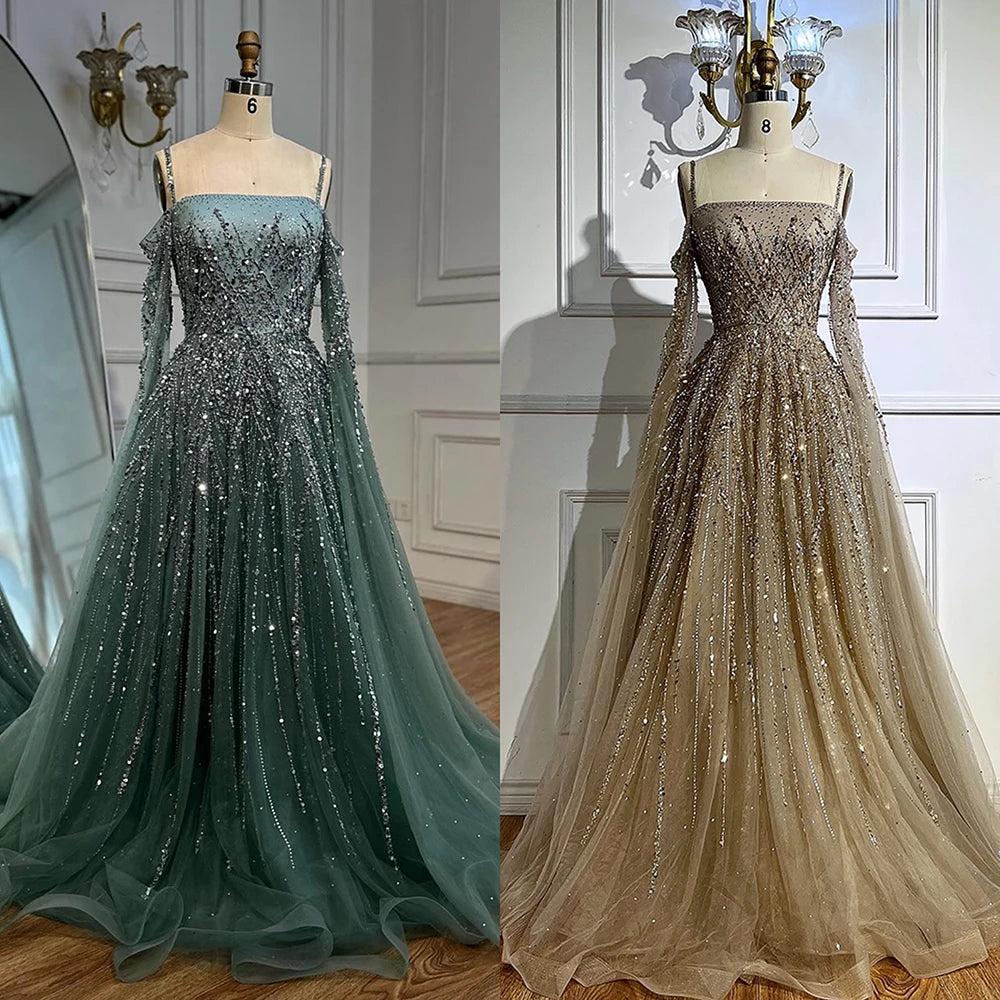 Turquoise Saudi A Line Luxury Evening Dress with Long Sleeves Cape for Formal Occasion Serene Hill 2025 LA72957 Customized