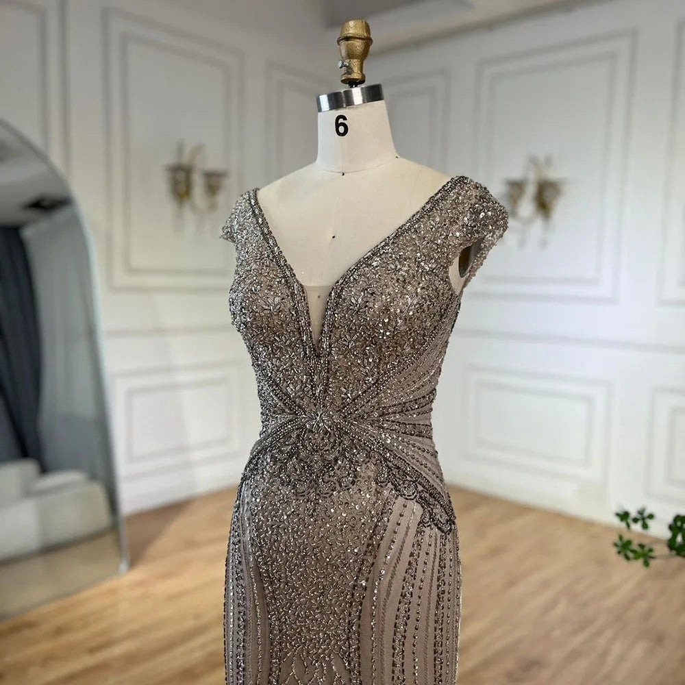 Customized Dubai Caramel Elegant Sleeveles Mermaid Beaded Arabic Evening Dresses Gowns For Women Wedding Party 2025 LA72456