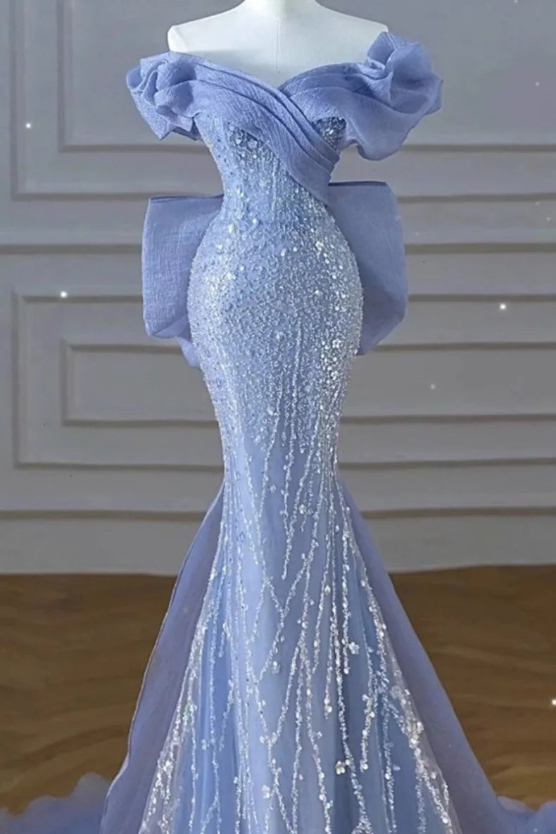 Woman's Dress High Dress Off-Shoulder Blue Evening Dress Light Luxury Niche Mermaid Sequin Host Elegant Party Dress