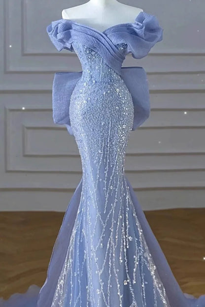 Woman's Dress High Dress Off-Shoulder Blue Evening Dress Light Luxury Niche Mermaid Sequin Host Elegant Party Dress
