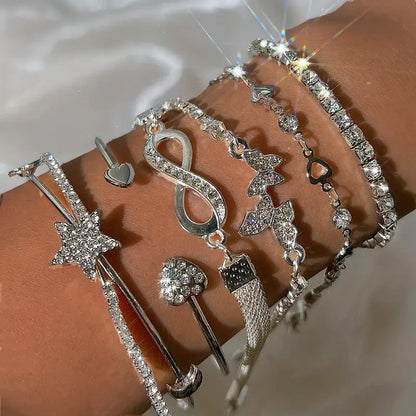 Elegant Sparkling Rhinestone Bracelets Set for Women Butterfly Heart Infinity Star Designs Open Bracelet Daily Wear Jewelry Gift