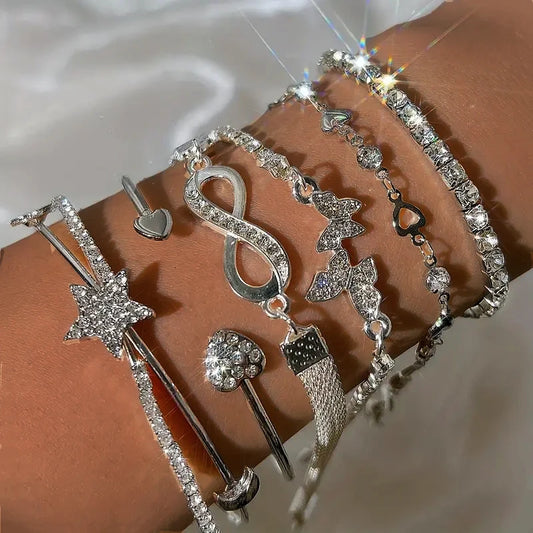 Elegant Sparkling Rhinestone Bracelets Set for Women Butterfly Heart Infinity Star Designs Open Bracelet Daily Wear Jewelry Gift