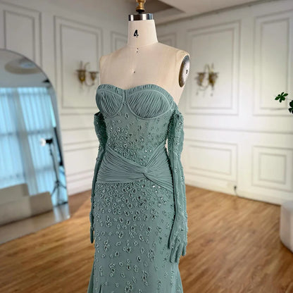Turquoise Strapless Beaded Mermaid Evening Dress with Gloves Prom Gown Serene Hill 2025 Customized LA72933
