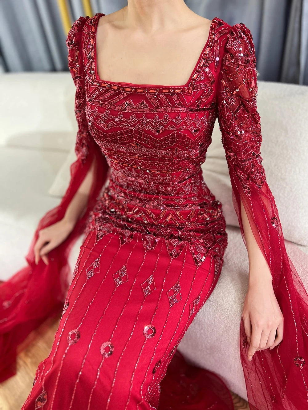 2025 Caramel With Beaded Cape Sleeves Design Mermaid Long Evening Dresses Gowns For Women's Wedding Party LA72355A Customized