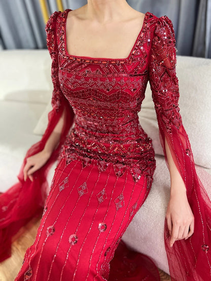 2025 Caramel With Beaded Cape Sleeves Design Mermaid Long Evening Dresses Gowns For Women's Wedding Party LA72355A Customized