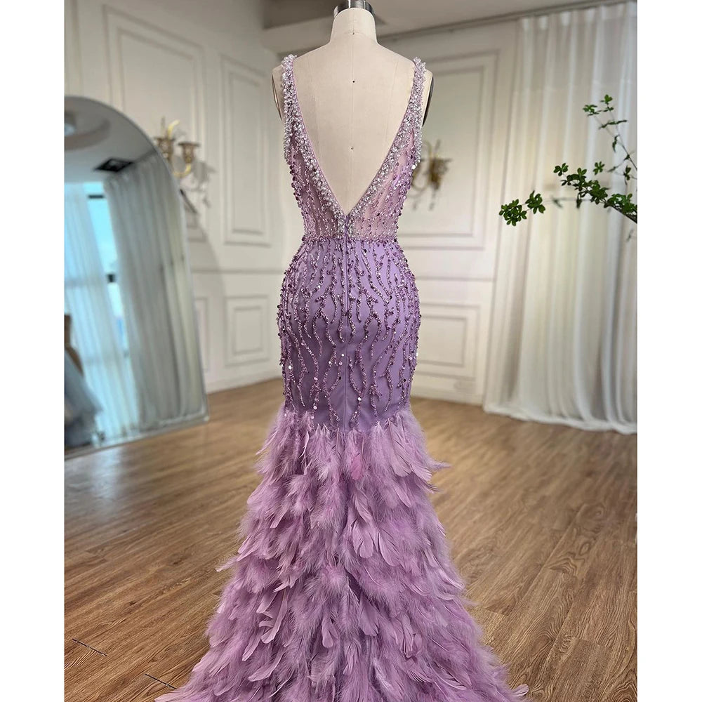 Serene Hill Pink Mermaid High Split Evening Dresses Feather Beaded Gowns Long 2025 For Women Wedding Party LA72152 Customized