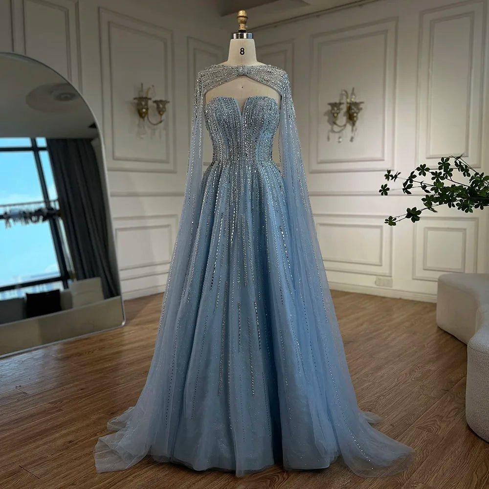 Serene Hill 2025 Arabic Blue Cape  A-Line Beaded Evening Dresses Long Celebrity Gowns  LA72427 Customized