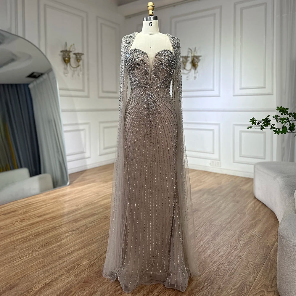 Serene Hill Customized Arabic Silver Nude Cape Sleeves Beaded Evening Dresses Gowns For Women Wedding Party 2025 LA72575
