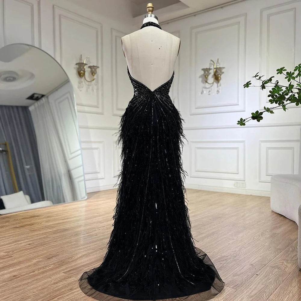 Serene Hill Dubai Halter Beige  Feathers Beaded Formal Luxury Mermaid Evening Dresses For Women Wedding Party 2025 LA70623A