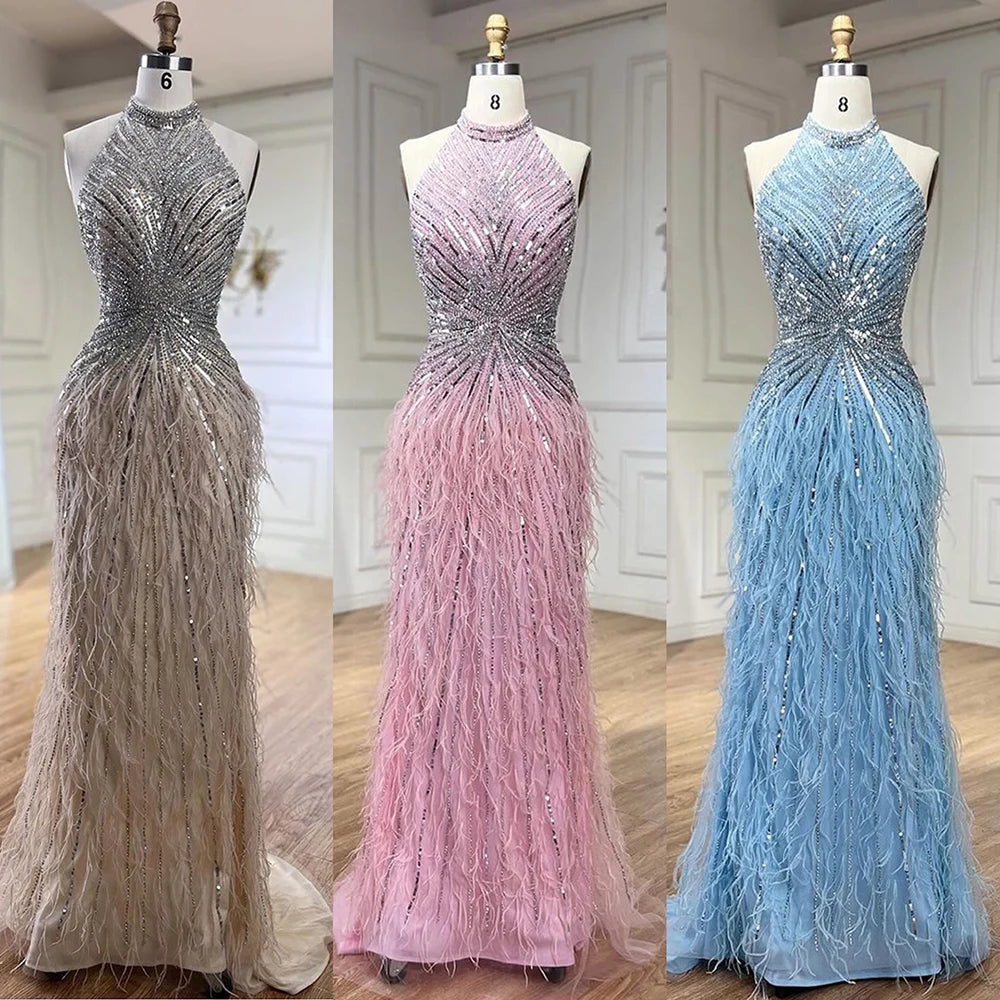 Serene Hill Dubai Halter Beige  Feathers Beaded Formal Luxury Mermaid Evening Dresses For Women Wedding Party 2025 LA70623A