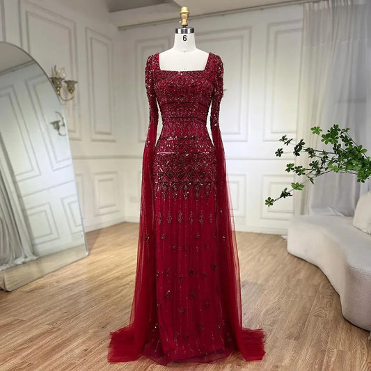 2025 Caramel With Beaded Cape Sleeves Design Mermaid Long Evening Dresses Gowns For Women's Wedding Party LA72355A Customized