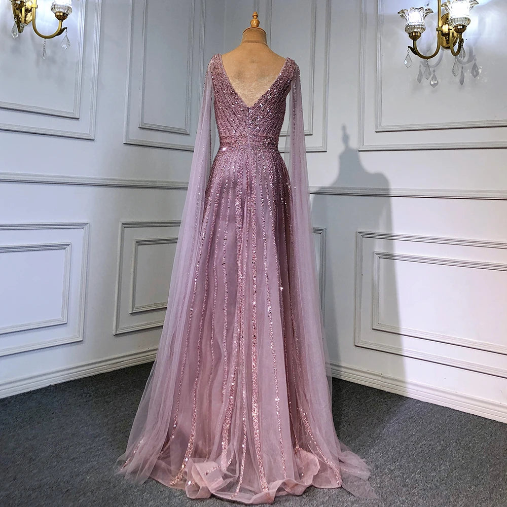 Nude Arabic Luxury Cape Sleeves Evening Dresses Gowns A-Line Beaded 2025 For Party LA71567 Customized