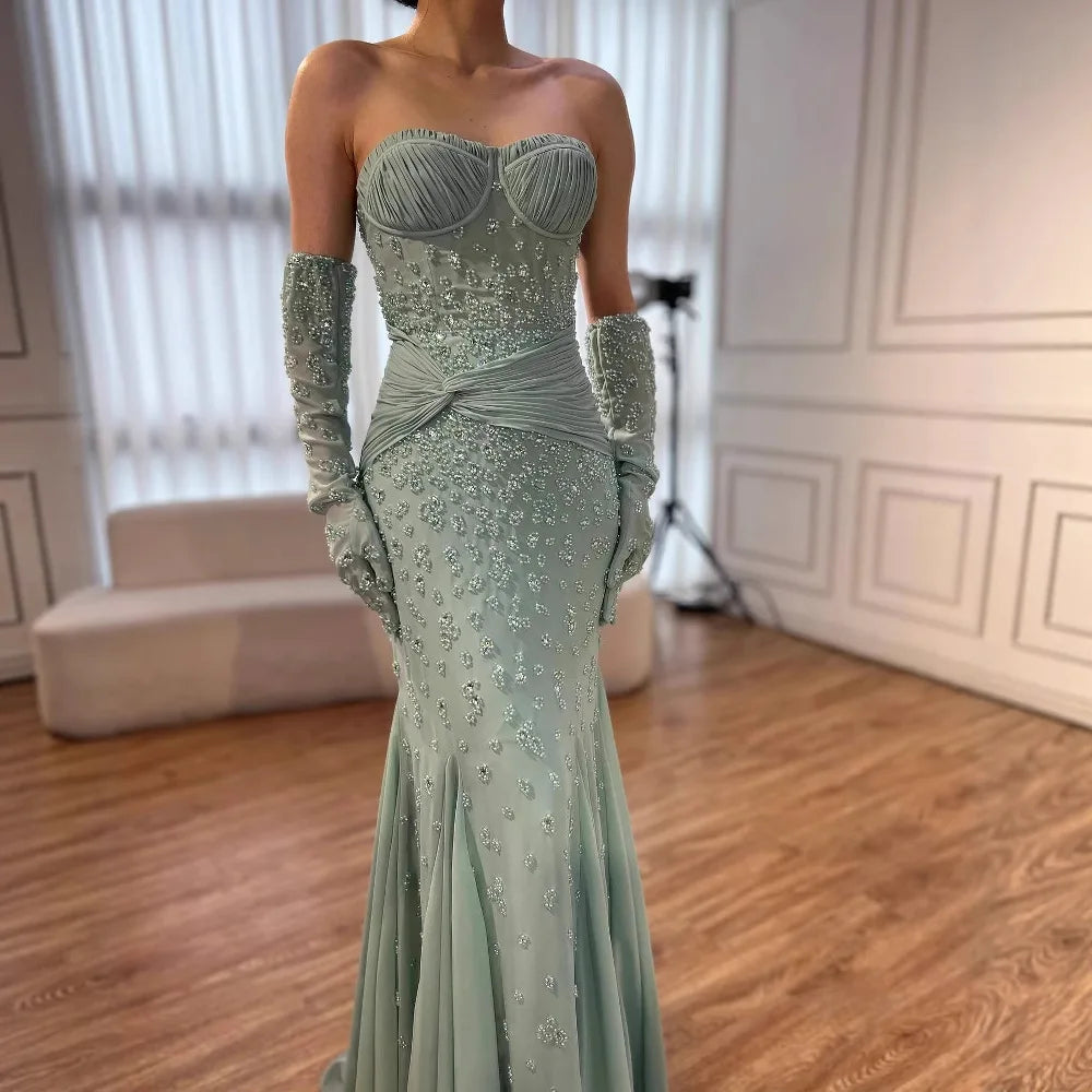 Turquoise Strapless Beaded Mermaid Evening Dress with Gloves Prom Gown Serene Hill 2025 Customized LA72933