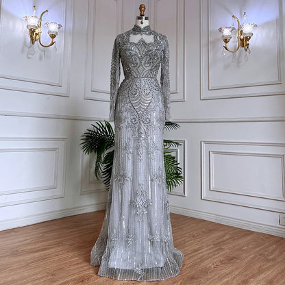 Serene Hill Muslim Green Mermaid Lace Beaded Crystal Luxury Dubai Evening Dresses Gowns For  Party 2025 LA71983 Customized